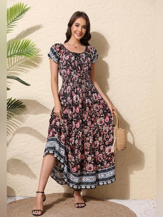 Dresses & Skirts - Feminine Boho pink floral border print cottagecore summer maxi dress size XL